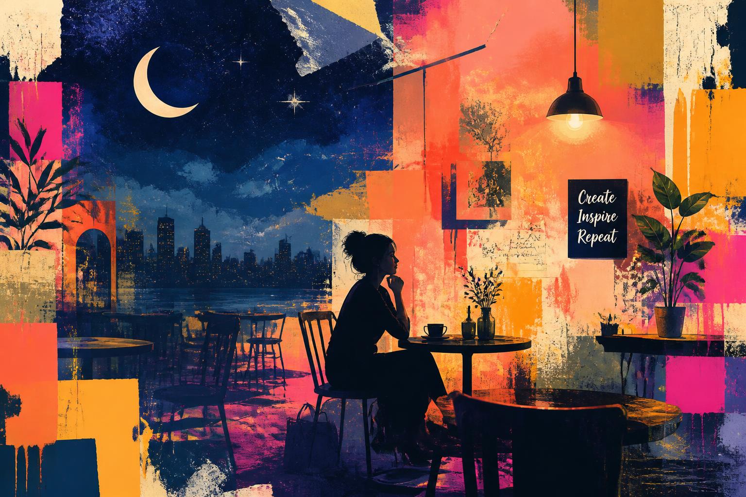 Abstract artistic collage depicting the Locoluna Art Cafe creative world